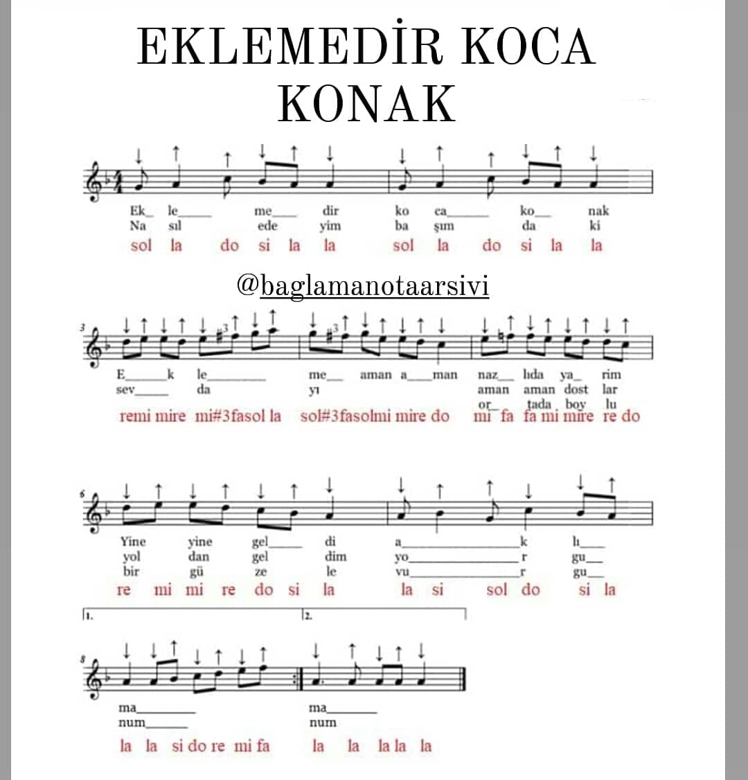 Eklemedir Koca Konak Türkü Notaları
