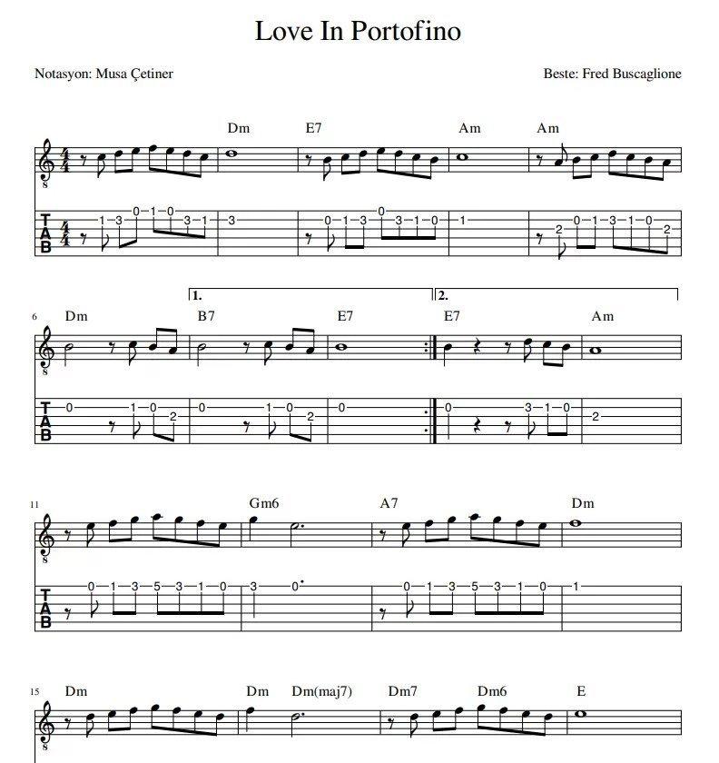 Keman İle Çalınan 10 Şarkı Ve Notaları - Love in Portofino